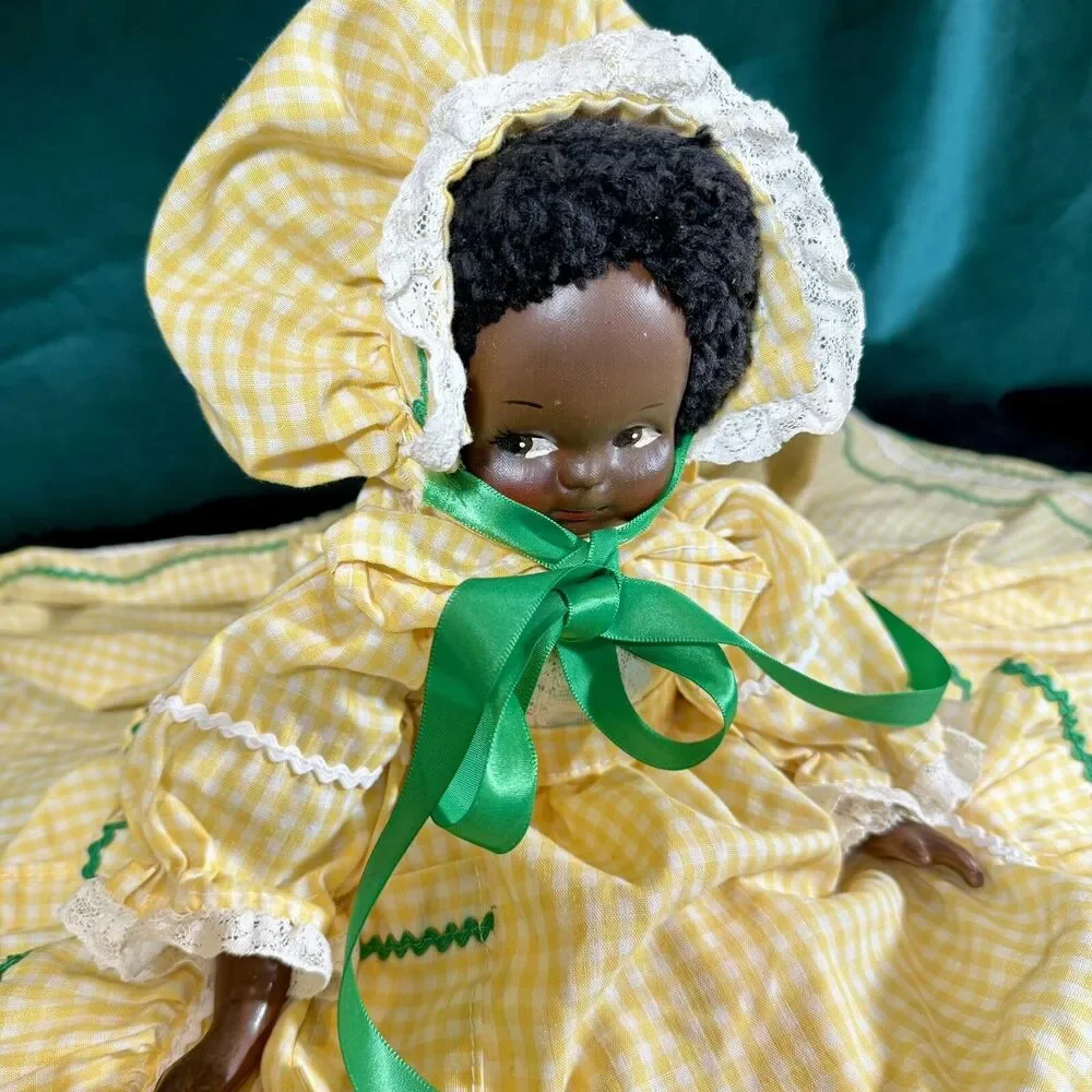 Vintage Handmade African American Doll Folk Art Decor Gingham Yellow Dress